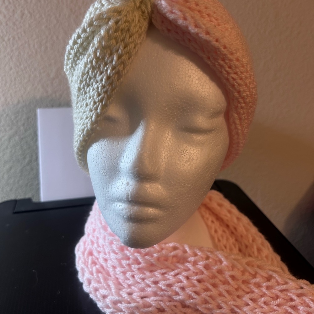 Pink and Cream Knitted Headband and infinity Scarf Set
